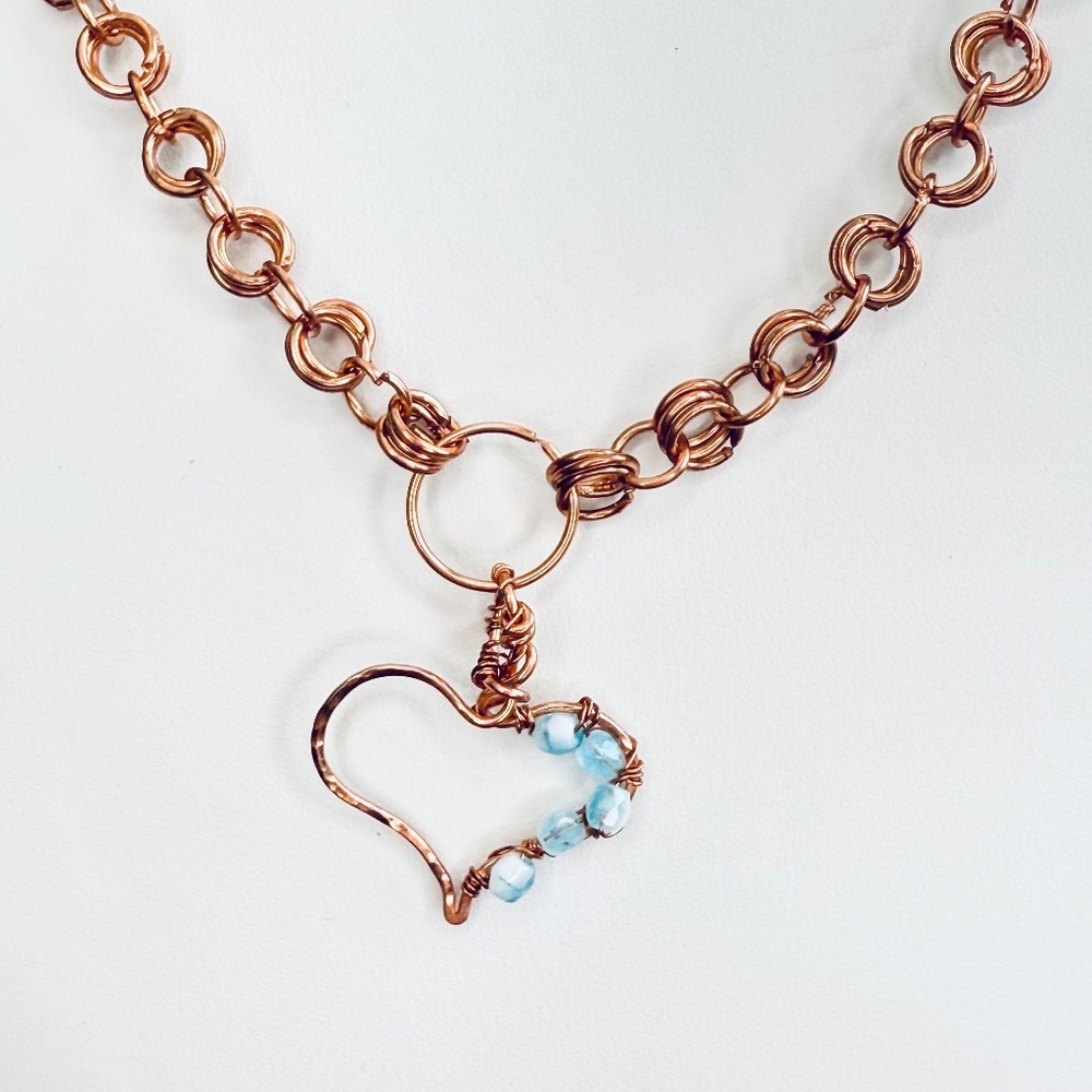 Copper Handcrafted Jump Ring Necklace with Copper and Blue Bead Heart Pendant